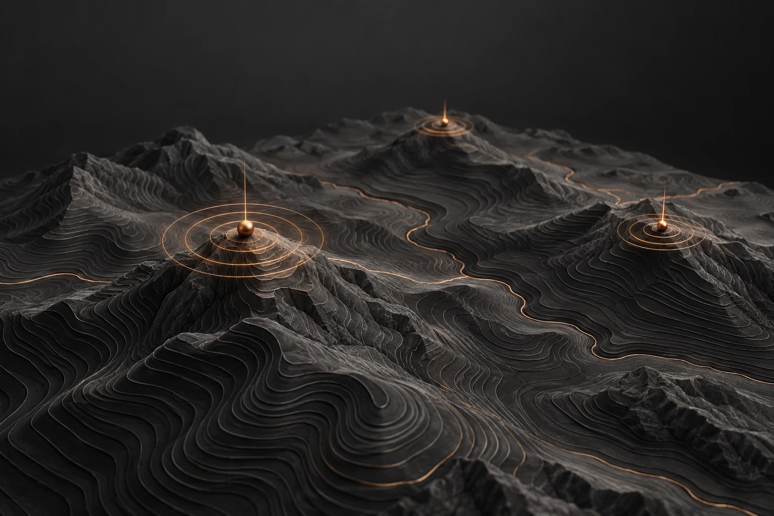 Copper signal points emerge from a layered topographic landscape